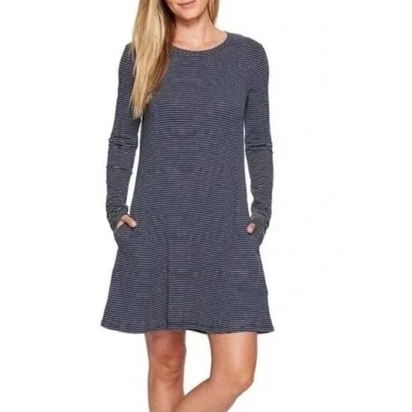 Toad&Co Striped Windmere II Long Sleeve Dress‎ in Navy Organic Cotton, XS - Picture 1 of 12